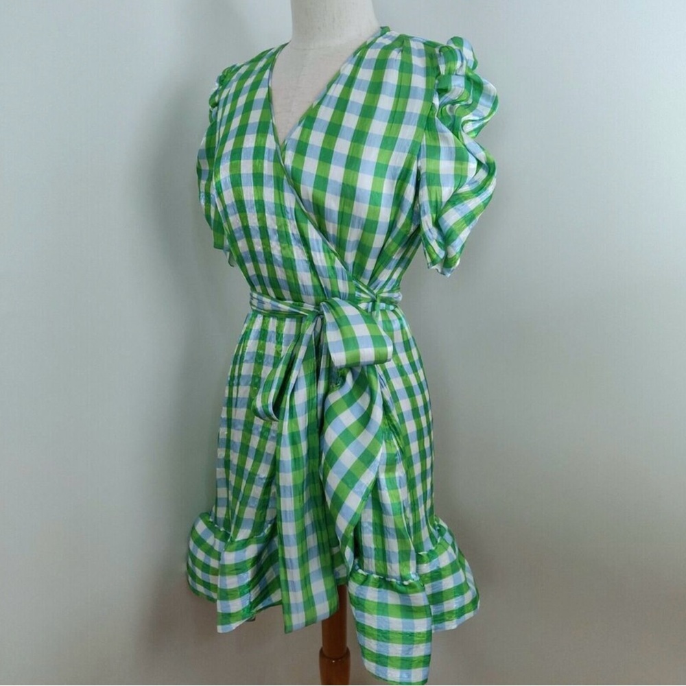 TANYA TAYLOR Natasha Gingham Faux Wrap Green Blue Puff Sleeve Ruffle Dress - Picture 5 of 12